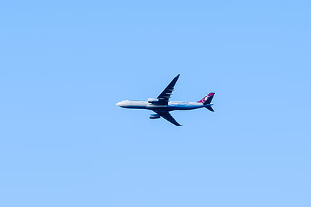 white and black passenger plane in the sky thumbnail