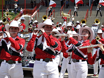 marching band playing instruments near stairs with people standing and waving flags thumbnail