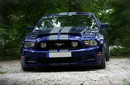 blue Ford Mustang GT with gray racing stripes thumbnail