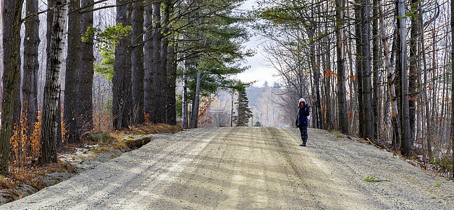person standing on dirt road surrounded by trees at daytime thumbnail