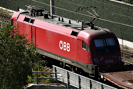 red OBB train on railway thumbnail
