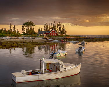 several boats on body of water overlooking red and black painted cabin near trees under white cloudy skies at daytime thumbnail