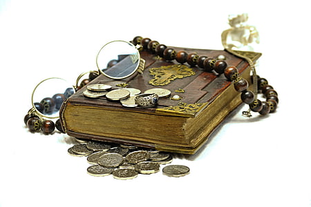 brown book and coins on white surface thumbnail
