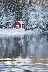 red and white wooden house near the lake thumbnail