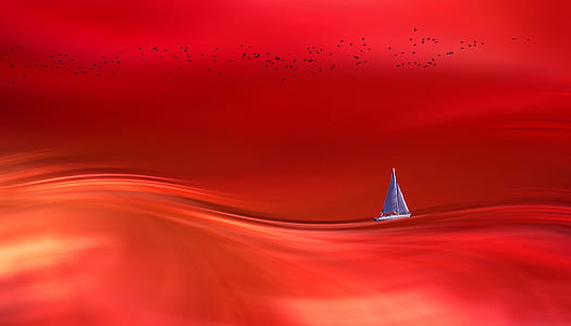 blue boat floating on red water painting thumbnail