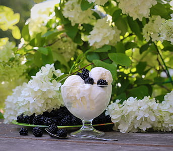ice cream in round footed glass beside white petaled flowers during daytime thumbnail