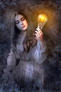 girl in white dress holding light bulb painting thumbnail