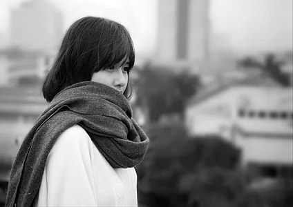 Cute Asian Girl in white shirt and black Scarf black and white thumbnail