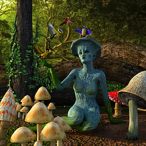 birds perched on woman statue thumbnail