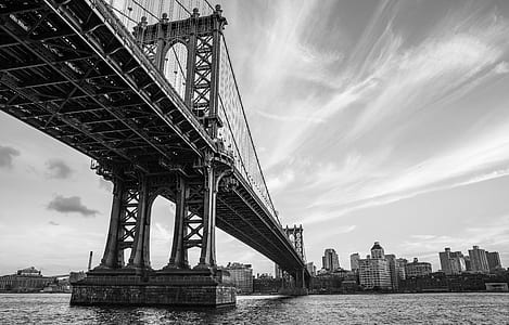 grayscale photo of suspension bridge thumbnail