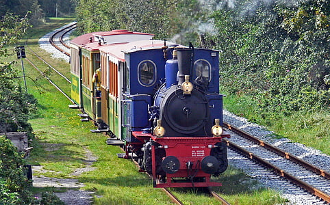 blue and multicolored train travelling on rails near trees at daytime thumbnail