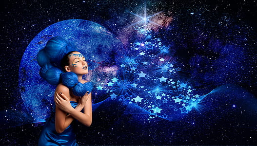 blue haired female in blue strapless top painting thumbnail