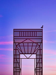 brown bird on top of red metal arch thumbnail