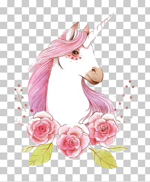 Unicorn , unicorn, white and pink unicorn and three pink petaled flowers illustration PNG clipart