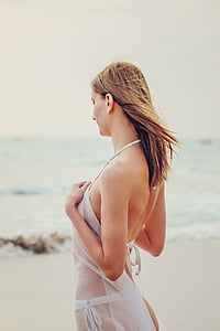 woman in white bikini in front of beach thumbnail