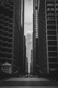 grayscale photograpy of a road between man-made structures thumbnail