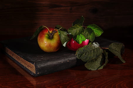two red apple fruits on top of book thumbnail