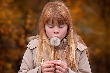 girl in brown coat about to blow dandelion thumbnail