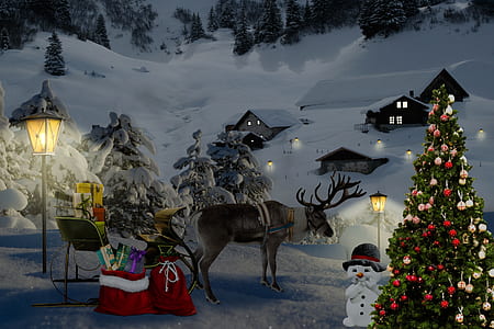 snowman beside deer during nighttime thumbnail