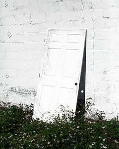 white 6-panel door beside white wall on green grass thumbnail