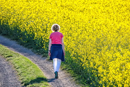 woman walking near yellow flowers during daytime thumbnail