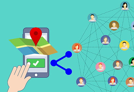 Illustration of sharing location on mobile device mapping application with social network or individual. thumbnail