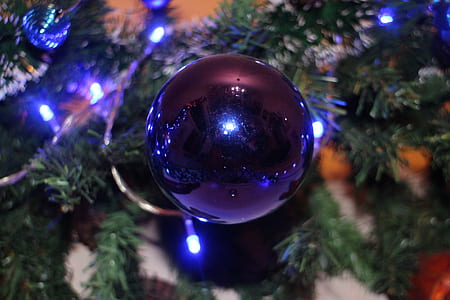 close-up photo of purple bauble on Christmas tree thumbnail