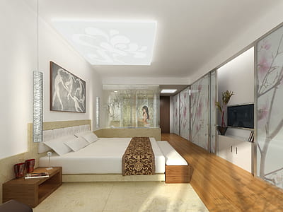 gray wooden bed frame and white mattress thumbnail