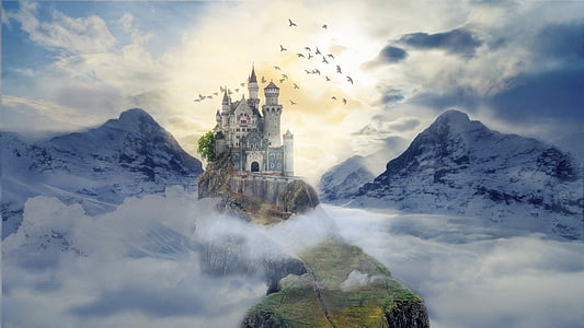 castle on top of hill beside two glacier mountains under white clouds blue sky thumbnail