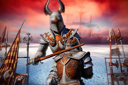 person in armor holding sword and while pointing it on person wearing armor illustration thumbnail