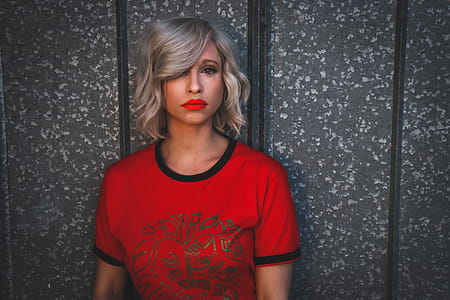 Woman Wearing Red Shirt With Red Lipstick thumbnail