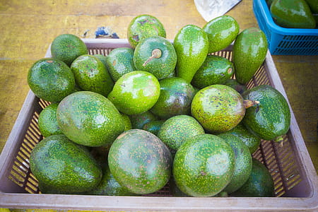 Rectangular Purple Plastic Basket Full of Green Avocado Fruits thumbnail