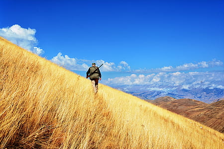 man walking on brown grass field under blue sky and white clouds during daytime thumbnail
