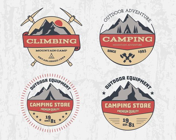 Set of retro color outdoor camping adventure and mountain, climbing, hiking badge logo, emblem, label. Vintage design. Summer, winter travel with family. Vector eps file