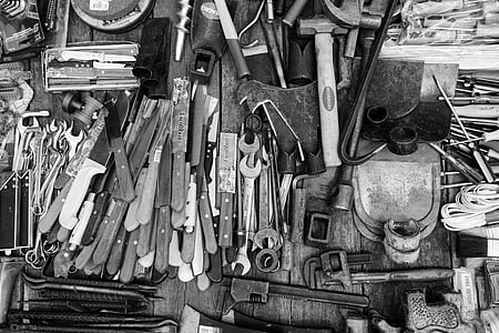 grayscale photo of assorted tools thumbnail