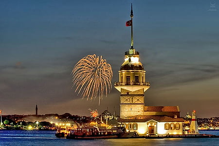fireworks on Maiden's Tower in Istanbul, Turkey thumbnail