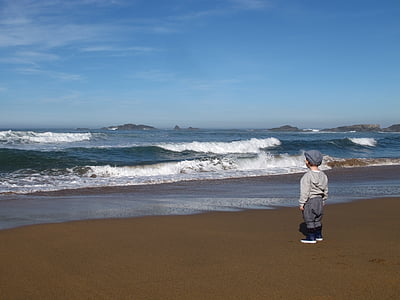 toddler wearing gray hoodie facing beach wave thumbnail