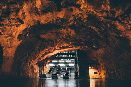 fluorescent lamps, stairs, cave, escalator thumbnail