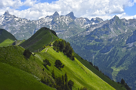 green mountains under blue and white sky thumbnail