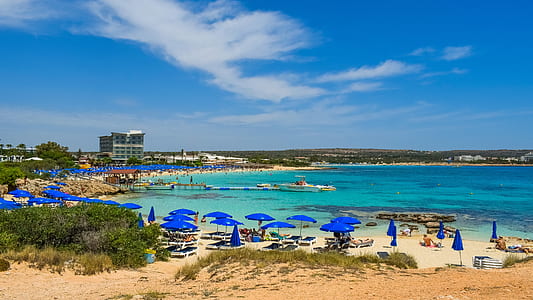 blue parasols on seashore during daytime thumbnail