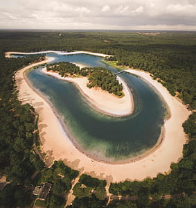 aerial view of body of water surrounded by trees thumbnail