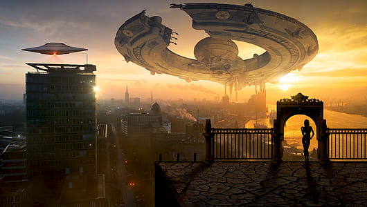 white space craft hovering above buildings during sunset thumbnail