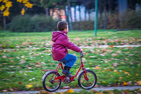 child riding on red bike during daytime thumbnail