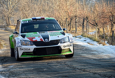 white and green Skoda rally car on road near tress thumbnail
