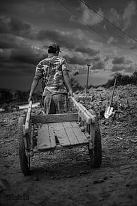 grayscale photography of man pulling cart thumbnail