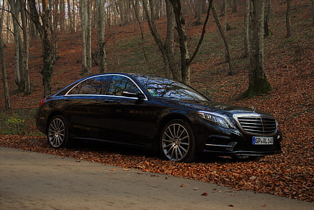 black Mercedes-Benz S-class sedan parked near trees thumbnail