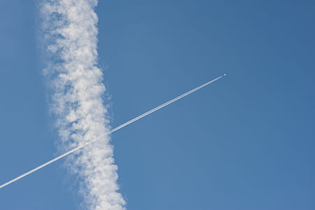 jet with smoke trail on blue sky thumbnail