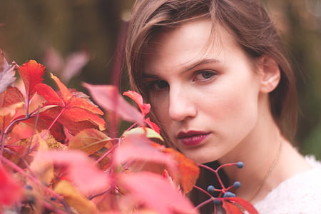 closeup photography of woman facing red leaf plant thumbnail