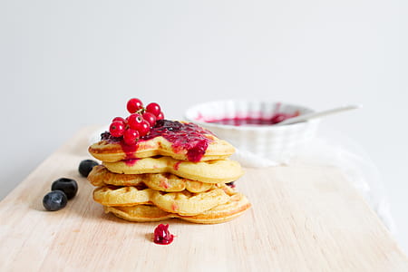 waffle with strawberry jam on table thumbnail