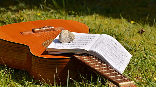open book on the top of brown acoustic guitar thumbnail